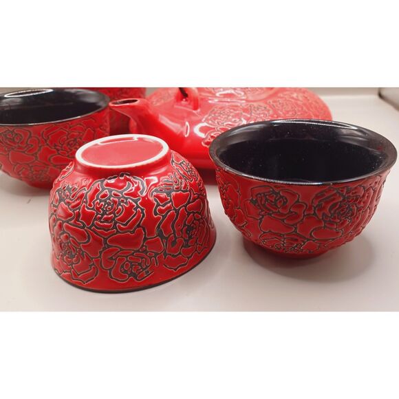 Wing Hop Fung Teas Gift Set Red and Black Roses Ceramic Tea Service for 4 - Picture 5 of 14